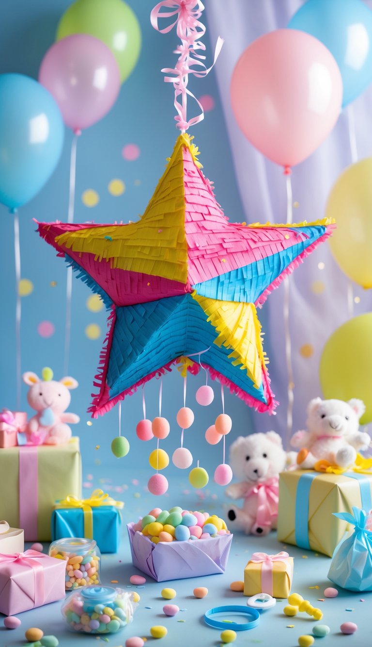 Colorful piñata filled with baby-themed treats hanging above baby shower decorations including balloons, gifts, and candies.
